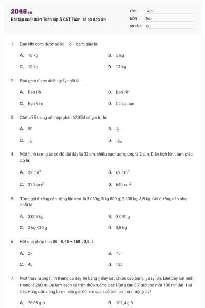 Bài tập cuối tuần Toán lớp 5 CST Tuần 18 có đáp án