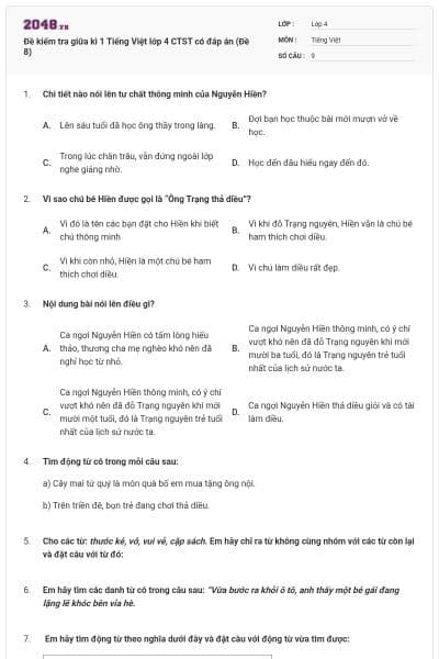 Đề kiểm tra giữa kì 1 Tiếng Việt lớp 4 CTST có đáp án (Đề 8)