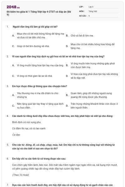 Đề kiểm tra giữa kì 1 Tiếng Việt lớp 4 CTST có đáp án (Đề 9)