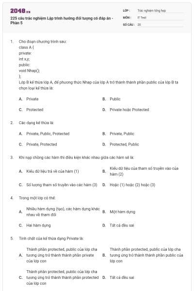 225 câu trắc nghiệm Lập trình hướng đối tượng có đáp án - Phần 5