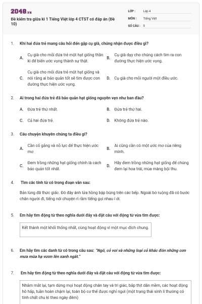 Đề kiểm tra giữa kì 1 Tiếng Việt lớp 4 CTST có đáp án (Đề 10)
