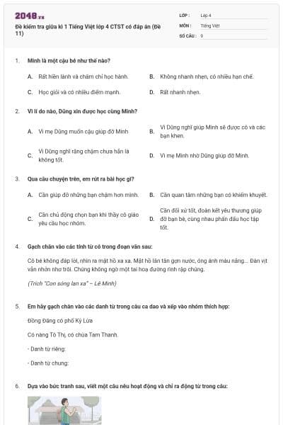 Đề kiểm tra giữa kì 1 Tiếng Việt lớp 4 CTST có đáp án (Đề 11)