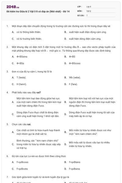Đề kiểm tra Giữa kì 2 Vật lí 8 có đáp án (Mới nhất) - Đề 14