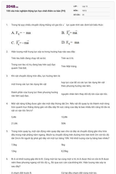 100 câu trắc nghiệm Động lực học chất điểm cơ bản (P4)