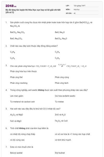 Bộ đề tăng tốc luyện thi Hóa Học cực hay có lời giải chi tiết (đề số 3)