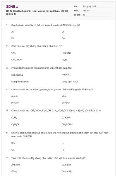Bộ đề tăng tốc luyện thi Hóa Học cực hay có lời giải chi tiết (đề số 4)