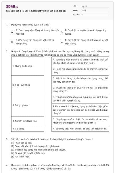 Giải SBT Vật lí 10 Bài 1. Khái quát về môn Vật lí có đáp án