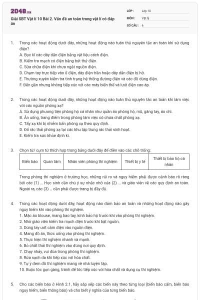 Giải SBT Vật lí 10 Bài 2. Vấn đề an toàn trong vật lí có đáp án