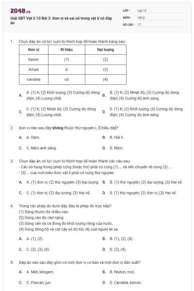 Giải SBT Vật lí 10 Bài 3. Đơn vị và sai số trong vật lí có đáp án