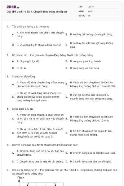 Giải SBT Vật lí 10 Bài 4. Chuyển động thẳng có đáp án