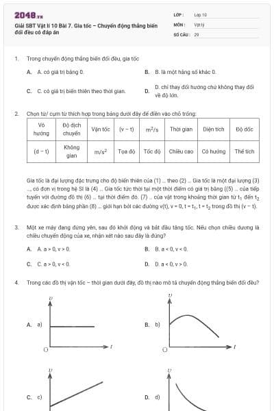 Giải SBT Vật lí 10 Bài 7. Gia tốc – Chuyển động thẳng biến đổi đều có đáp án