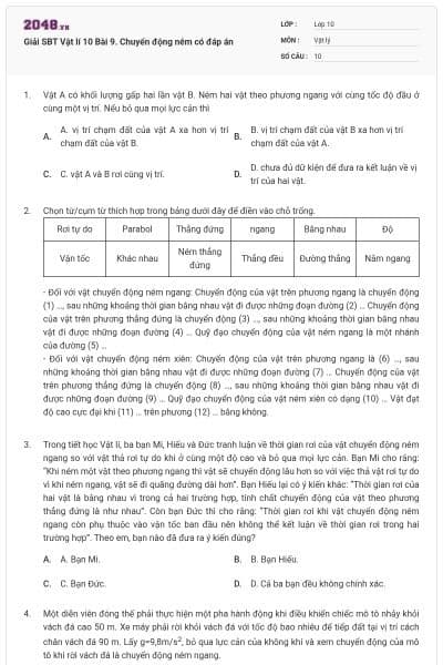 Giải SBT Vật lí 10 Bài 9. Chuyển động ném có đáp án