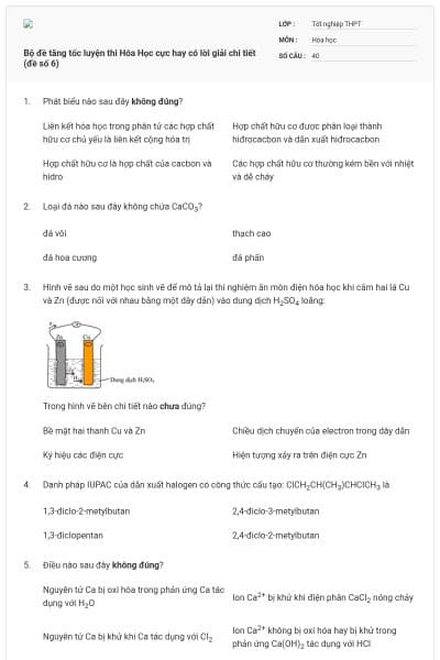 Bộ đề tăng tốc luyện thi Hóa Học cực hay có lời giải chi tiết (đề số 6)