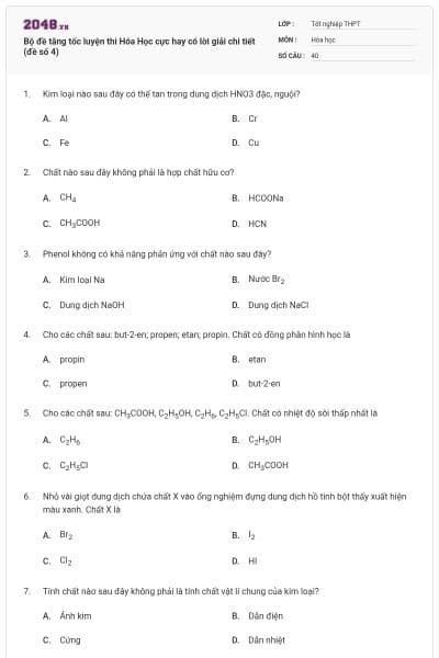 Bộ đề tăng tốc luyện thi Hóa Học cực hay có lời giải chi tiết (đề số 4)