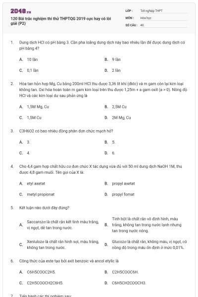 120 Bài trắc nghiệm thi thử THPTQG 2019 cực hay có lời giải (P2)