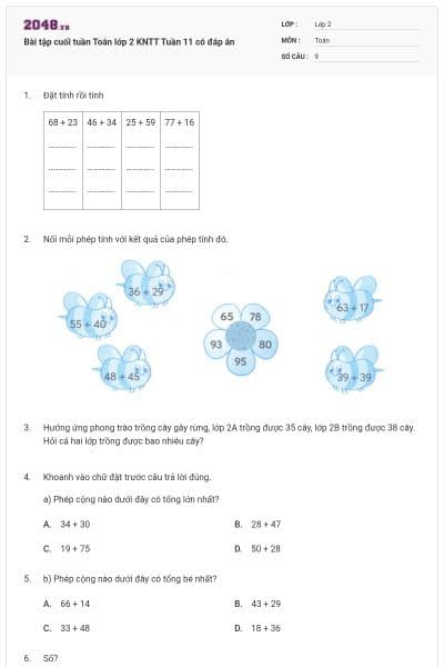 Bài tập cuối tuần Toán lớp 2 KNTT Tuần 11 có đáp án