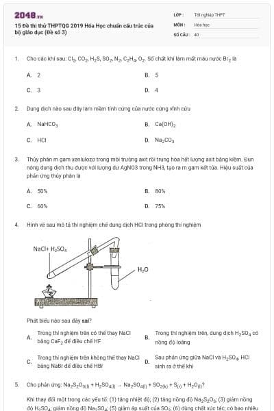15 Đề thi thử THPTQG 2019 Hóa Học chuẩn cấu trúc của bộ giáo dục (Đề số 3)