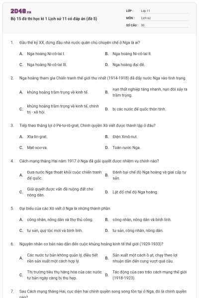 Bộ 15 đề thi học kì 1 Lịch sử 11 có đáp án (đề 5)