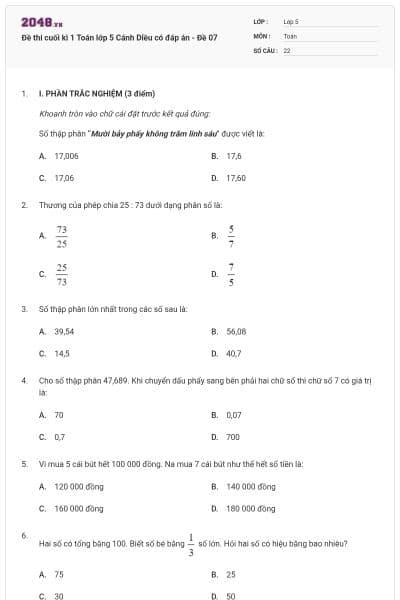Đề thi cuối kì 1 Toán lớp 5 Cánh Diều có đáp án - Đề 07