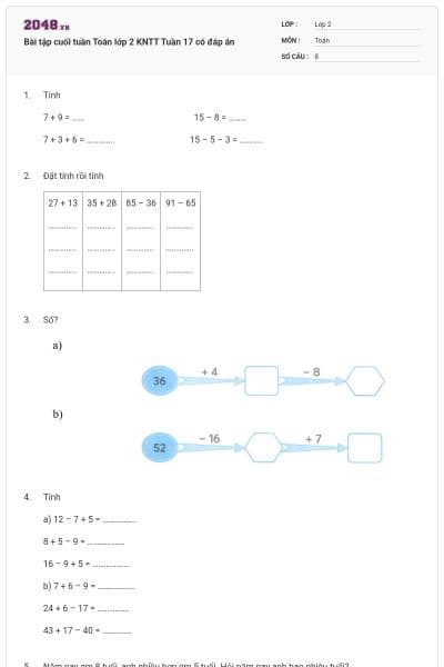 Bài tập cuối tuần Toán lớp 2 KNTT Tuần 17 có đáp án