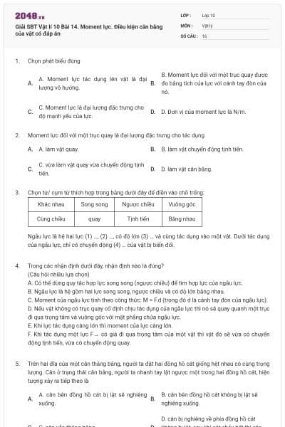 Giải SBT Vật lí 10 Bài 14. Moment lực. Điều kiện cân bằng của vật có đáp án