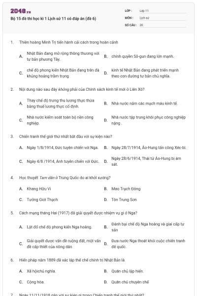 Bộ 15 đề thi học kì 1 Lịch sử 11 có đáp án (đề 6)