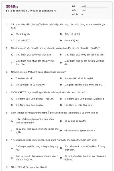 Bộ 15 đề thi học kì 1 Lịch sử 11 có đáp án (đề 7)