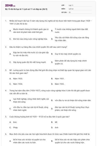 Bộ 15 đề thi học kì 1 Lịch sử 11 có đáp án (đề 9)