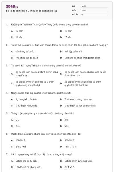 Bộ 15 đề thi học kì 1 Lịch sử 11 có đáp án (đề 10)