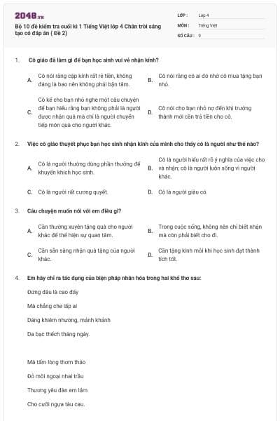 Bộ 10 đề kiểm tra cuối kì 1 Tiếng Việt lớp 4 Chân trời sáng tạo có đáp án ( Đề  2)
