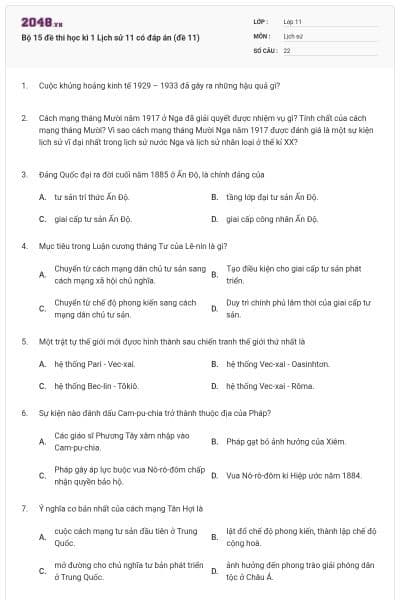 Bộ 15 đề thi học kì 1 Lịch sử 11 có đáp án (đề 11)