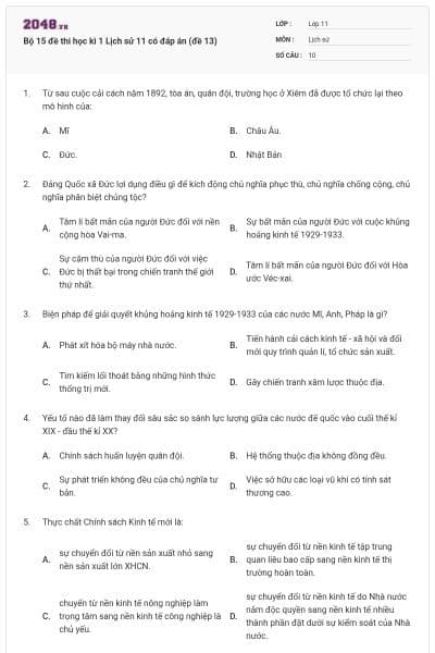 Bộ 15 đề thi học kì 1 Lịch sử 11 có đáp án (đề 13)