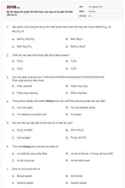Bộ đề tăng tốc luyện thi Hóa Học cực hay có lời giải chi tiết (đề số 3)