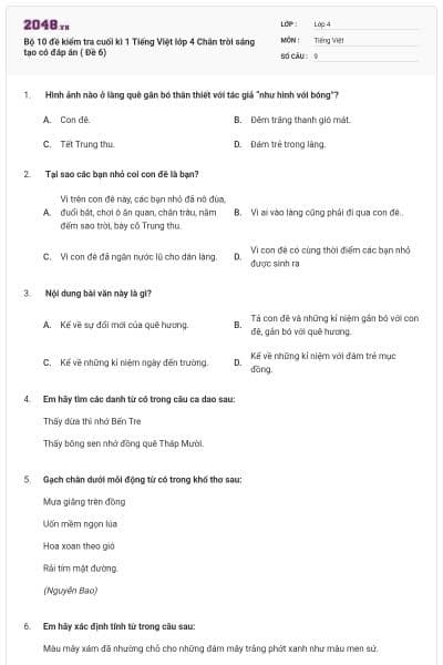 Bộ 10 đề kiểm tra cuối kì 1 Tiếng Việt lớp 4 Chân trời sáng tạo có đáp án ( Đề 6)