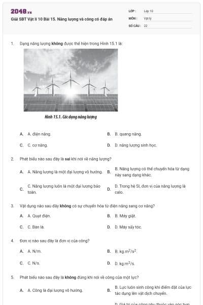 Giải SBT Vật lí 10 Bài 15. Năng lượng và công có đáp án
