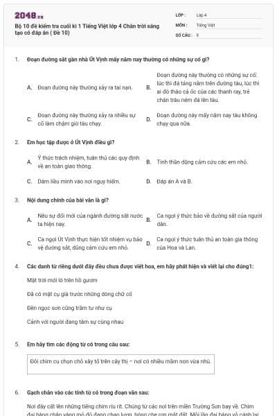 Bộ 10 đề kiểm tra cuối kì 1 Tiếng Việt lớp 4 Chân trời sáng tạo có đáp án ( Đề 10)