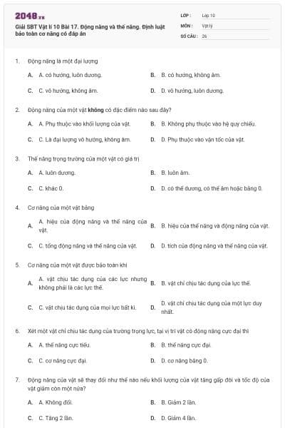 Giải SBT Vật lí 10 Bài 17. Động năng và thế năng. Định luật bảo toàn cơ năng có đáp án