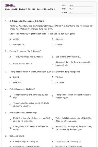 Đề thi giữa kì 1 Tin học 6 Kết nối trí thức có đáp án (Đề 1)