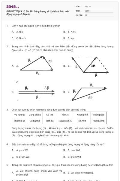 Giải SBT Vật lí 10 Bài 18. Động lượng và định luật bảo toàn động lượng có đáp án