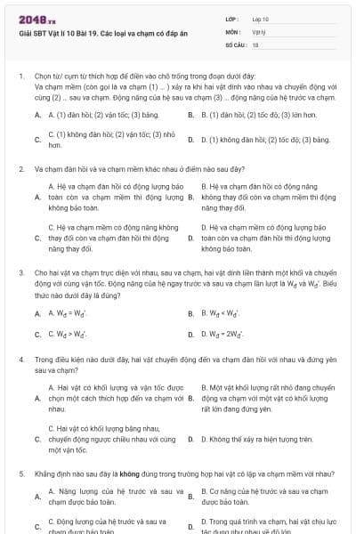 Giải SBT Vật lí 10 Bài 19. Các loại va chạm có đáp án