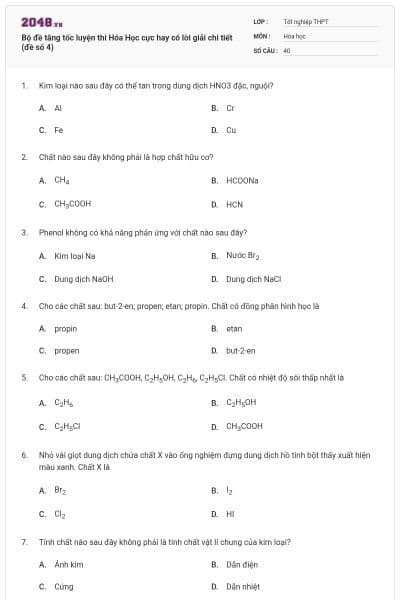 Bộ đề tăng tốc luyện thi Hóa Học cực hay có lời giải chi tiết (đề số 4)