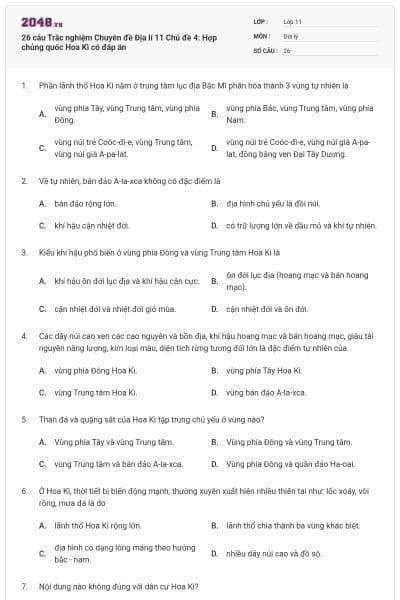 26 câu  Trắc nghiệm Chuyên đề Địa lí 11 Chủ đề 4: Hợp chủng quốc Hoa Kì có đáp án