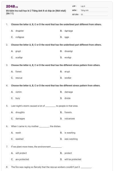 Đề kiểm tra cuối học kì 2 Tiếng Anh 8 có đáp án (Mới nhất) (Đề 11)