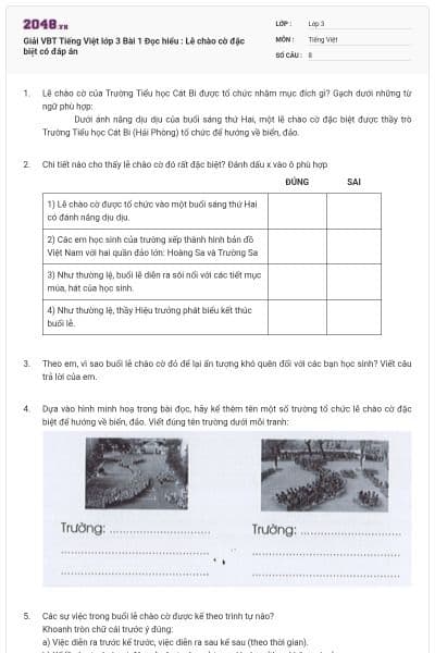 Giải VBT Tiếng Việt lớp 3 Bài 1 Đọc hiểu : Lễ chào cờ đặc biệt có đáp án