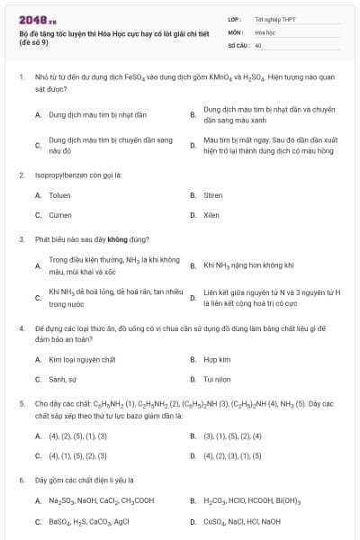 Bộ đề tăng tốc luyện thi Hóa Học cực hay có lời giải chi tiết (đề số 9)