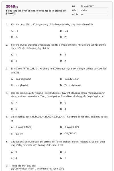 Bộ đề tăng tốc luyện thi Hóa Học cực hay có lời giải chi tiết (đề số 5)