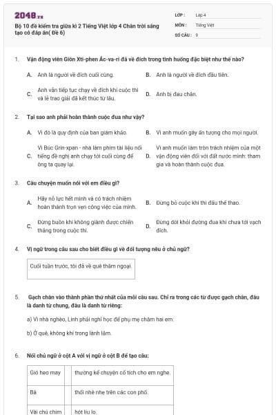 Bộ 10 đề kiểm tra giữa kì 2 Tiếng Việt lớp 4 Chân trời sáng tạo có đáp án( Đề 6)