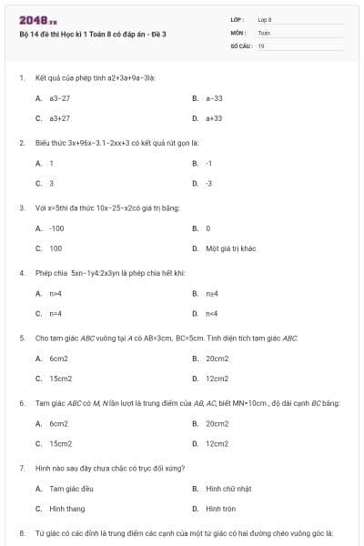 Bộ 14 đề thi Học kì 1 Toán 8 có đáp án - Đề 3