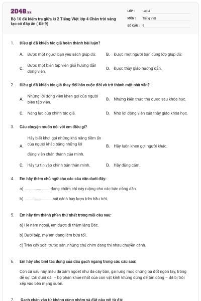 Bộ 10 đề kiểm tra giữa kì 2 Tiếng Việt lớp 4 Chân trời sáng tạo có đáp án ( Đề 9)
