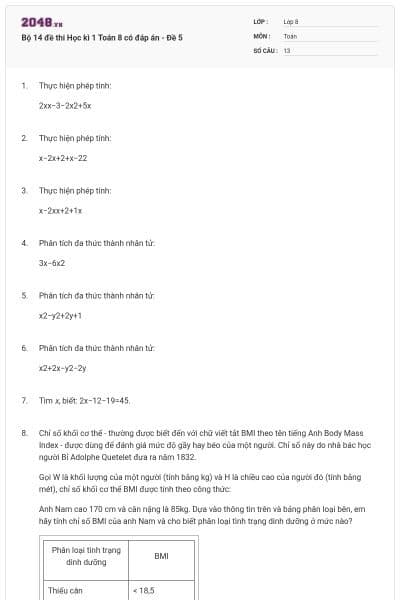 Bộ 14 đề thi Học kì 1 Toán 8 có đáp án - Đề 5